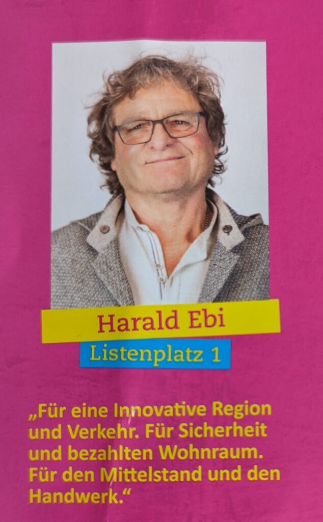 Bild-Ausschnitt von FDP-Wahlwerbung für Gemeinderat Waldshut. Listenplatz 1: "Für eine Innovative Region und Verkehr. Für Sicherheit und bezahlten Wohnraum. Für den Mittelstand und den Handwerk."